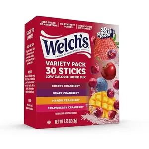 Welch’s Singles To Go! Cranberry Variety Pack Drink Mix, Sugar Free Water Flavor Packets, No Aspartame, No Artificial Dyes, Low Calorie, 4 Flavors (Grape, Mango, Strawberry, Cherry), 30 Sticks