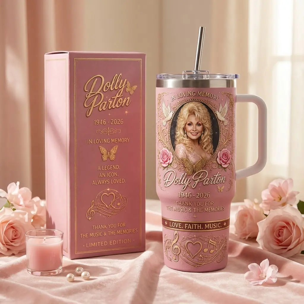 In Loving Memory Country Music Legend Tumbler With Handle, Pink Vintage Memorial Travel Mug, Southern Butterfly Roses Thermal Cup With Straw, Stainless Steel Insulated Drinkware Gift For Fans, Note: No Box Included
