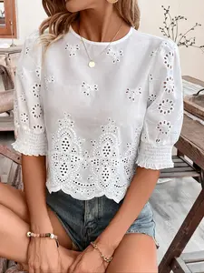 Women's Plain Color Cotton Floral Embroidered Elastic Lotus Sleeve Shirt, Spring Summer Fashion Top for Women, Comfortable and Stylish Casual Wear Womenswear