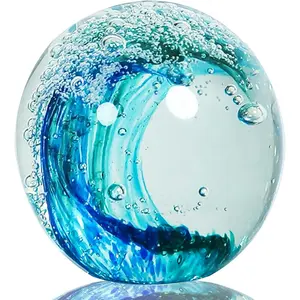 Hand Blown Ocean Wave Glass Ball :Unique Gift for Beach Lovers,Beach Decorations for Home, Sea Glass Paperweight for Coastal Room Decor, Aquarium & Ocean Themed Decorations
