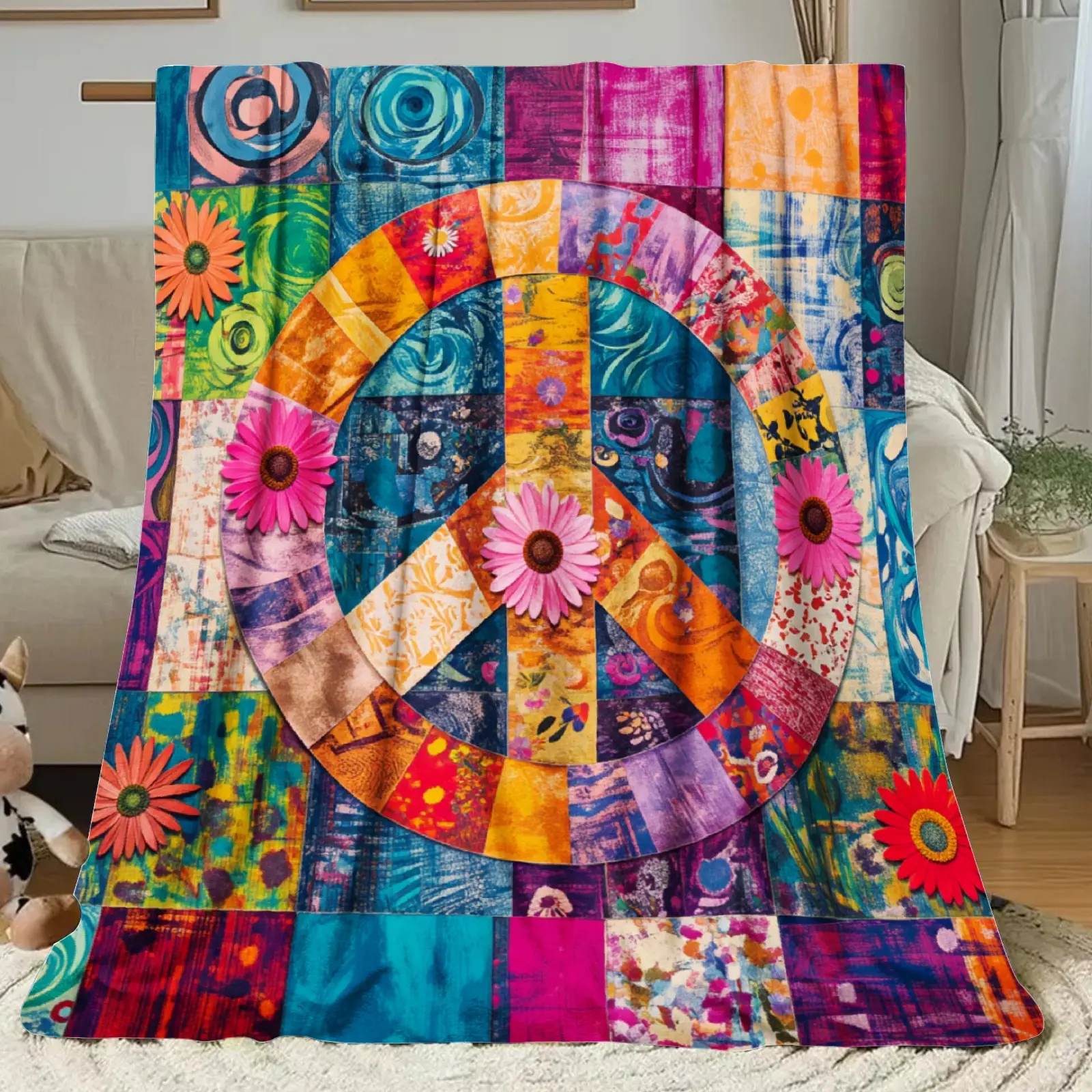 JOOCAR Colorful Patchwork Peace Sign Flannel Blanket- Soft Bedspread with Multicolor Squares( Base), - Couch Bed Car Office Use, Boys Girls Birthday Valentine's Gift, Machine Washable Bedding
