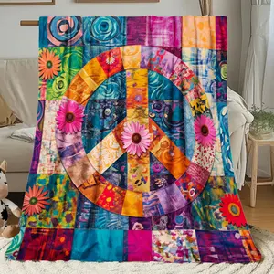 JOOCAR Colorful Patchwork Peace Sign Flannel Blanket- Soft Bedspread with Multicolor Squares( Base), - Couch Bed Car Office Use, Boys Girls Birthday Valentine's Gift, Machine Washable Bedding