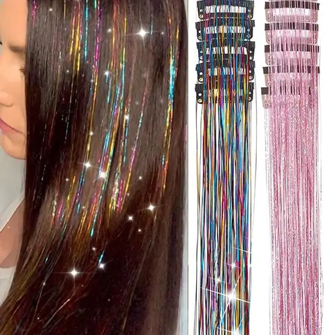 12-Piece Clip-On Clip in Hair Metal Wire Set for Girls, Glitter Fairy Hair Extensions, Heat-Resistant Party & Festival Accessories, /multicolor