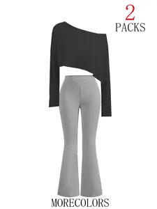 Sweet Spicy Girl Essential Set, Women's One-Shoulder Waist Show Short Top, Long Sleeve, High-Waisted Flared Bell Pants, Casual Fall & Winter