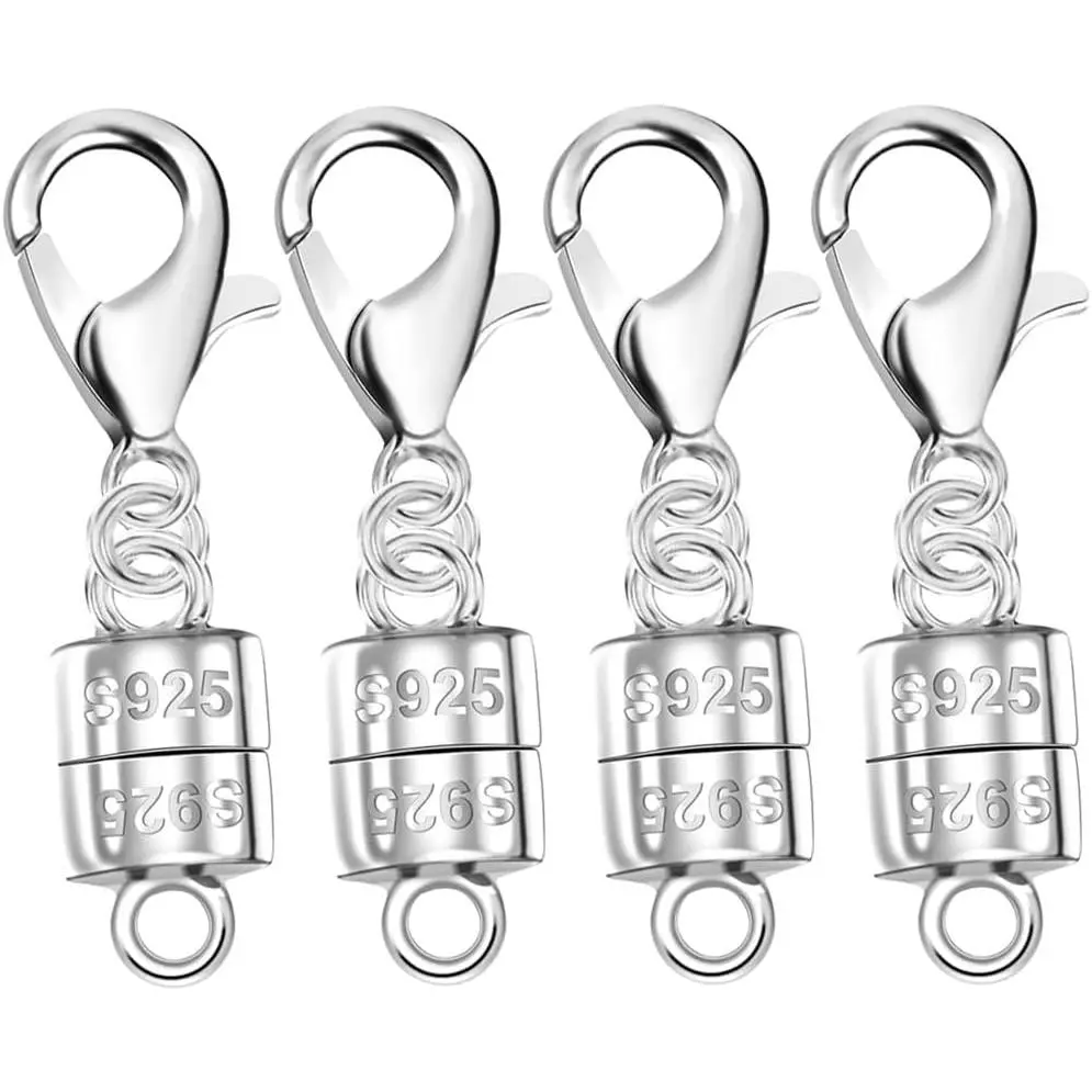 925 Sterling Silver Magnetic Necklace Clasps, Magnetic Necklace Clasps and Extenders, for Bracelet Necklace and Accessories (4pcs Silver)