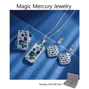 Vibrant Multicolor Gemstone Halo Jewelry Set for Women Square Cut CZ Pendant Necklace Ring Earrings Luxury Sparkling Accessories Gifts for Women