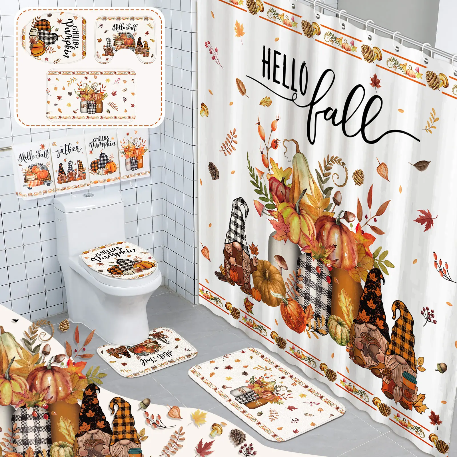 8 Pcs Fall Bathroom Decor Set Harvest Autumn Hello Fall Gnome Shower Curtain Microfiber hand Towels Non Slip Rugs Toilet Lid Cover Pumpkin Bath Mat and 12 Hooks for Thanksgiving Farmhouse Fall Bathroom Decor