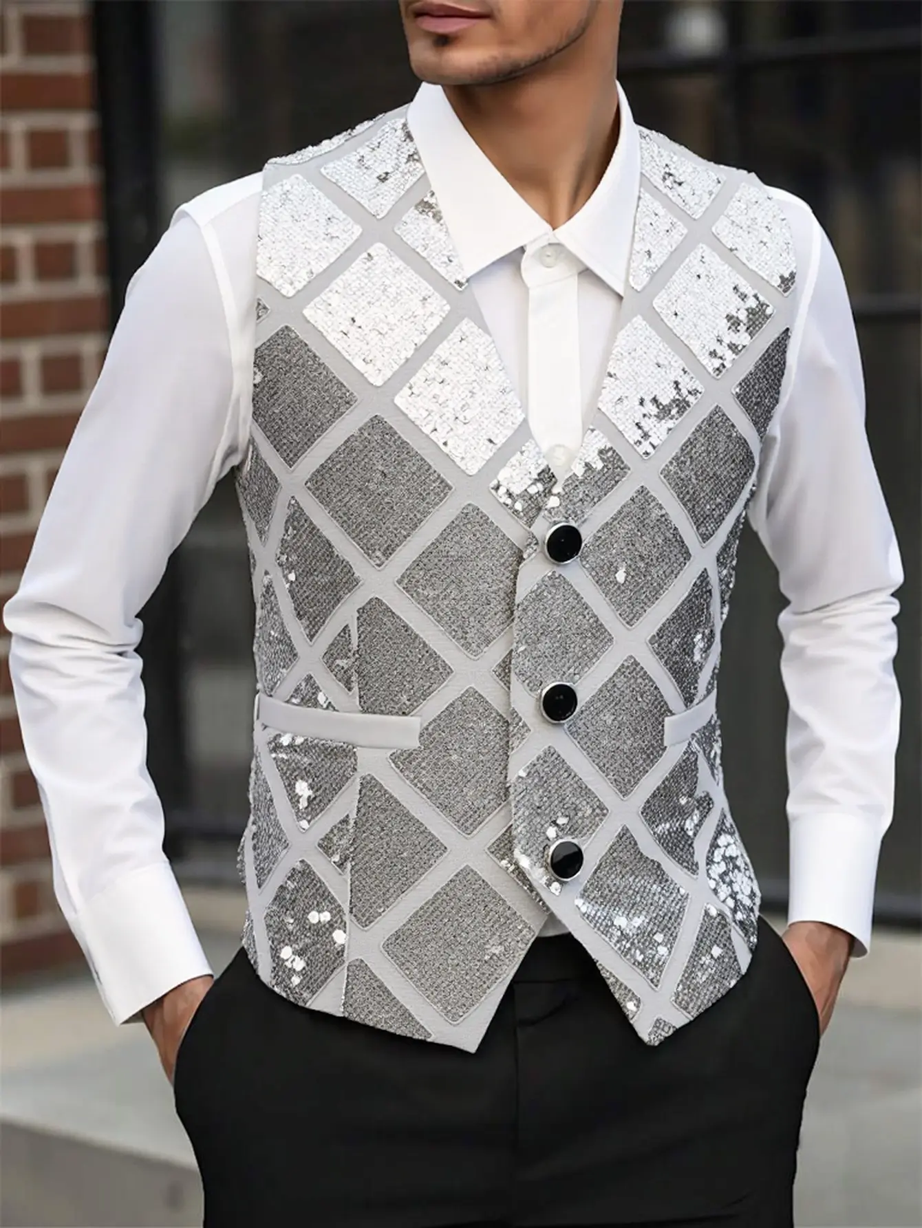 Men's Chic Sequined Vest, Solid Color Sleeveless Partywear, an Ideal Addition for Making a Statement at Stylish Events, Party Wear