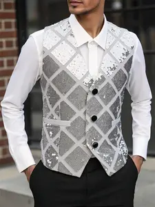 Men's Sequined Vest Solid Color Party Clothes Fashionable Sequin Design for Stylish Events Menswear Outfit Sleeveless Ideal Addition Transform Your Wardrobe