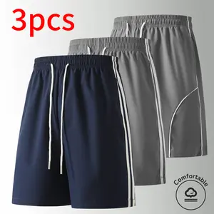 3-pack summer men’s mid-thigh shorts: loose-fit casual shorts with two striped accents; multifunctional sports shorts suitable for daily commuting, outdoor travel, work, workouts, and running.