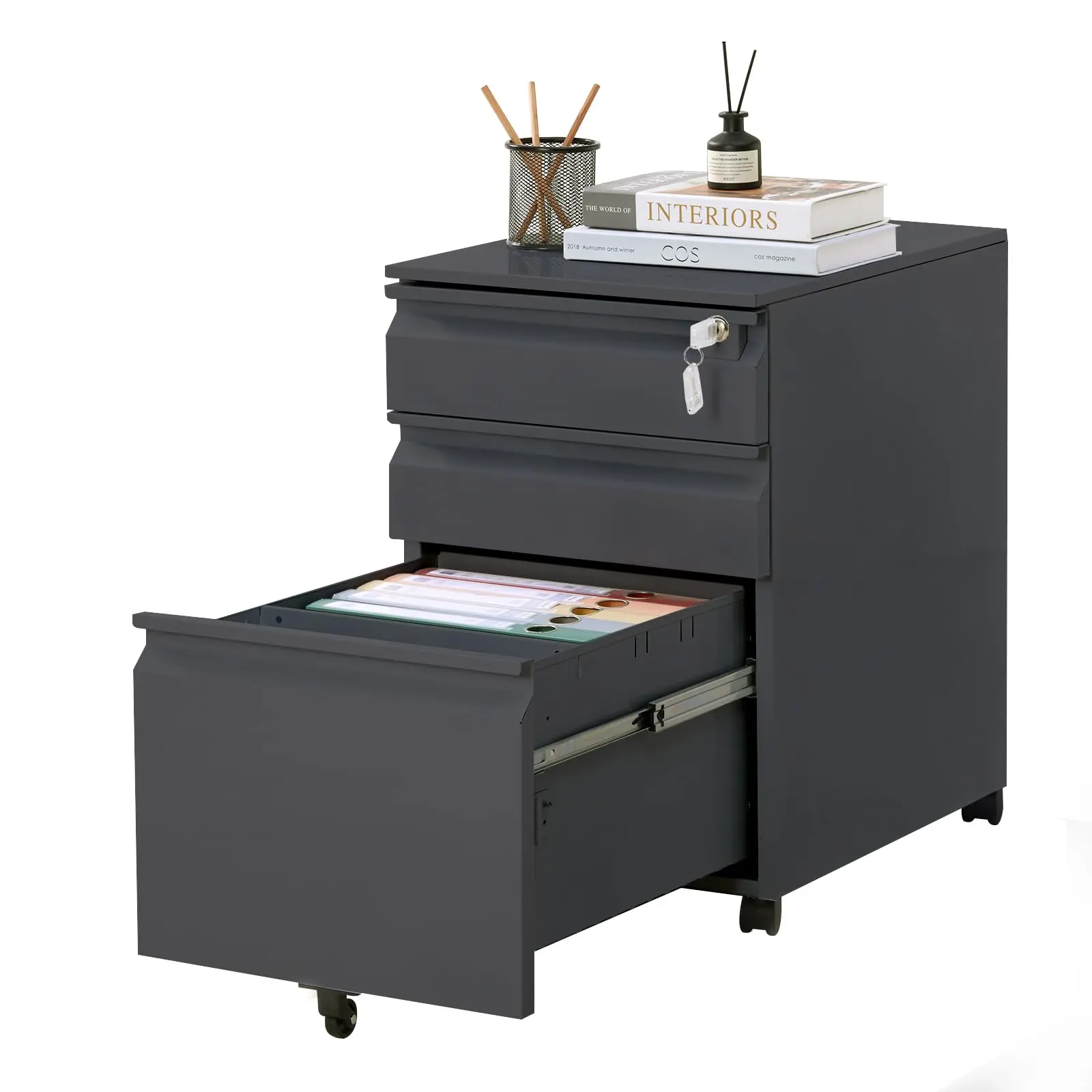 File Cabinet 3 Drawers on Wheels Under Desk, Mobile Filing Cabinets with Lock & Anti-Tip Wheels, Capacity 120 Lb, Under Desk Metal Storage Organizer for A4, Letter & Legal Hanging Files