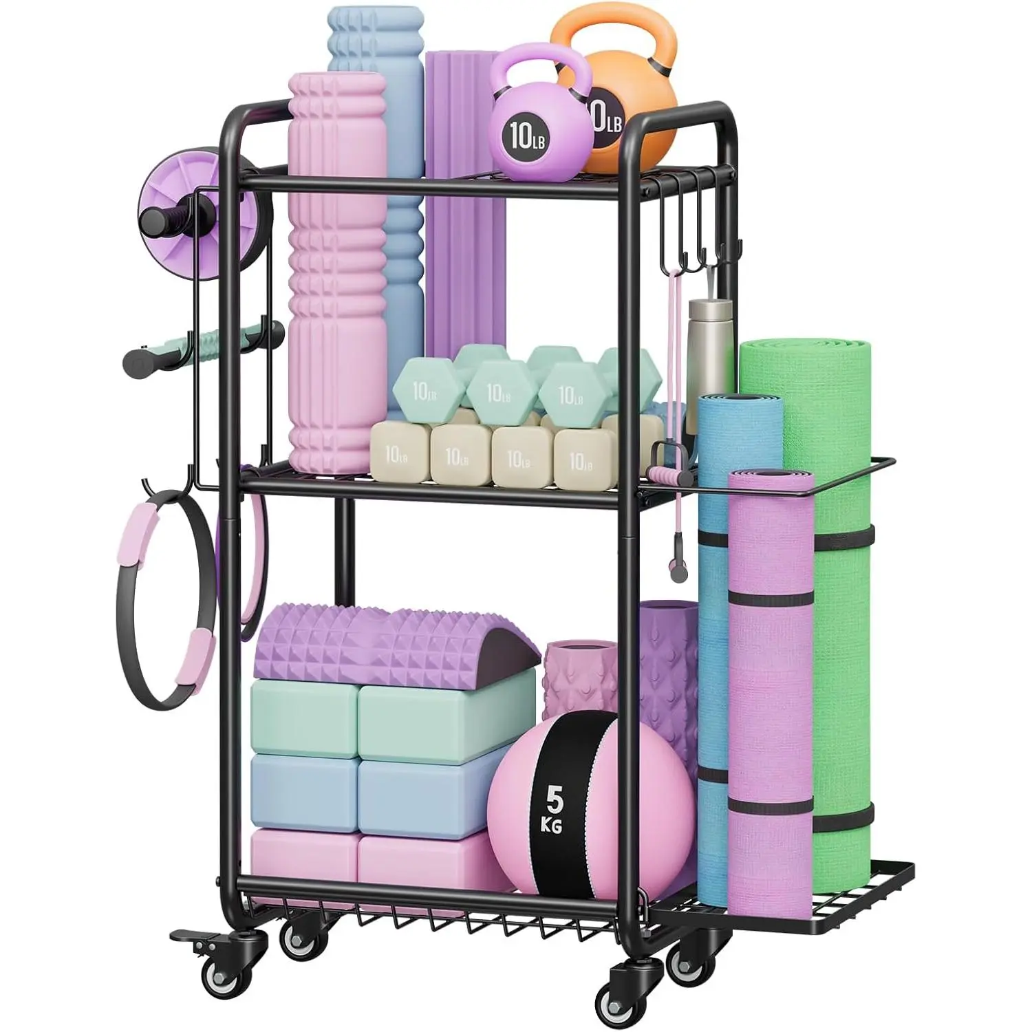 Weight Rack for Home Gym, All in One Yoga Mat Storage Rack, Workout Equipment Storage with Wheels and Hooks for Dumbbells Kettlebells Foam Rollers, Powder Coated