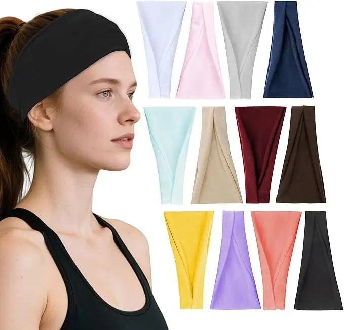 Headbands for Women - 12 Pack Wide Elastic Hair Bands | Stretchy Sweatbands Hair Bands | Soft Sports Thin Head Bands | Non-Slip Accessories Bands for Fashion, Washing Face, Workouts, Yoga, Daily Use