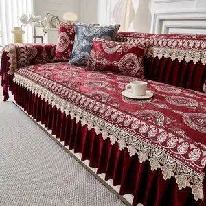 European Luxury Dark Velvet Sofa Cushion Cover, All-Season High-Quality Lace Trim, Universal Fit, Elegant Home Decor