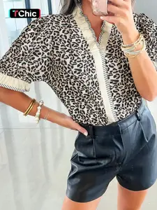 Summer Leopard Stripe Patchwork Pleated Colorblock V-Neck Short Sleeve Fitted Shirt, Blouse, Stylish Women's Casual Top, Perfect for Daily Wear