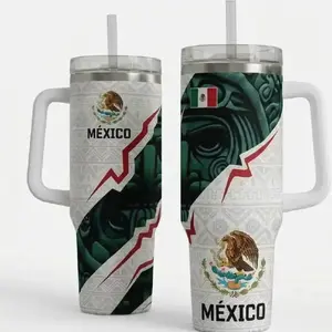 40oz Mexico Flag Tumbler, Aztec Eagle Stainless Steel Travel Mug with Handle and Straw