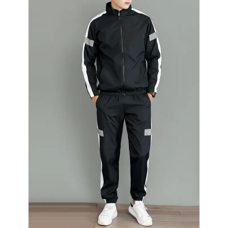 Men's Casual 2-Piece Tracksuit Set, Black & White Stripe Outfit with Long Sleeve Full Zip Lapel Jacket and Pants, Reflective Accents for Fall, M, Male, Streetwear