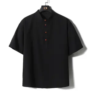 One piece men’s short-sleeve shirt made from cotton-linen, featuring a stand collar and half placket. Casual retro style with a refined Chinese-style stand collar design. The half placket is paired with vintage reddish-brown buttons for a touch of exquisi