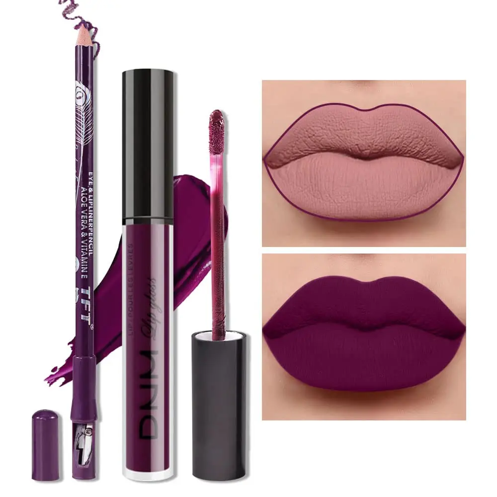 2 PCs matte dark red lip liner and lipstick makeup set, matte liquid lipstick 24 h and with lip liner set kit waterproof long lasting labiales mate 24 Horas originales matte Larga duracion 24 #15 gloss lipgloss cosmetic glossy