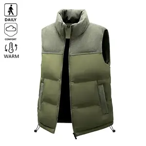 Men's Winter Green Vest Jacket - Corduroy Trim Design, Warm Quilted Lining, Stand Collar, Drawstring Hem, Everyday Comfort Sleeveless Coat, Layering Essential for Cold Weather