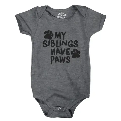 CRAZY DOG T-SHIRTS Unisex Animal Graphic Crew Neck Baby Bodysuit-Jumpsuit, "My Siblings Have Paws" Funny Cute Dog Cat Themed for Newborns, Light Grey