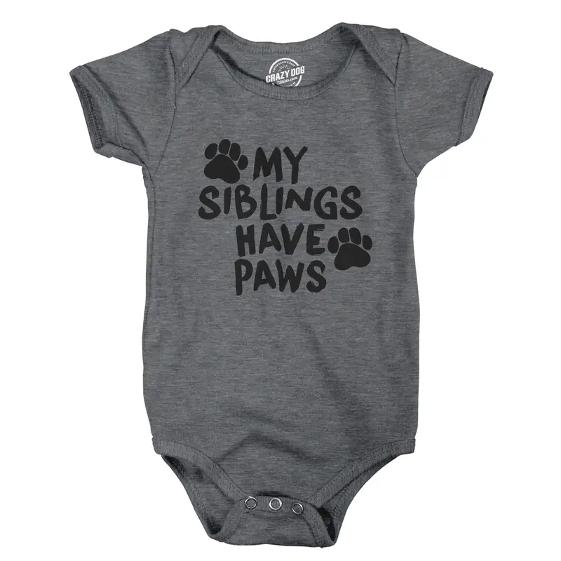 CRAZY DOG T-SHIRTS Unisex Animal Graphic Crew Neck Baby Bodysuit-Jumpsuit, "My Siblings Have Paws" Funny Cute Dog Cat Themed for Newborns, Light Grey