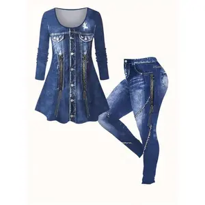 [Plus Size] Two-piece Set Denim-effect Print Tee & Skinny Pants, Casual Scoop Neck Long Sleeve Top & Leggings for Daily Wear, Matching Sets,?Women's Two-piece Outfits for Spring & Fall