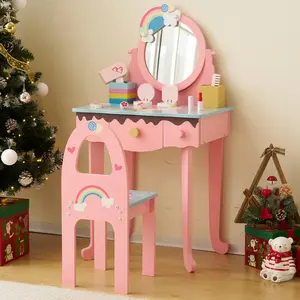 summervibes Kids Vanity Table and Chair Set with 7pcs Pretend Play Makeup Toys, Girls Vanity with Mirror & Stool, 3 Drawers & Tabletop Storage, Princess Table for Toddlers, Pink