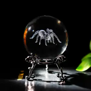 60mm 3D Spider Crystal Ball Halloween Decor with Stand 3D Laser Engraved Tarantula Animal Figurine Prop Decorative Glass Full Sphere Table Paperweight