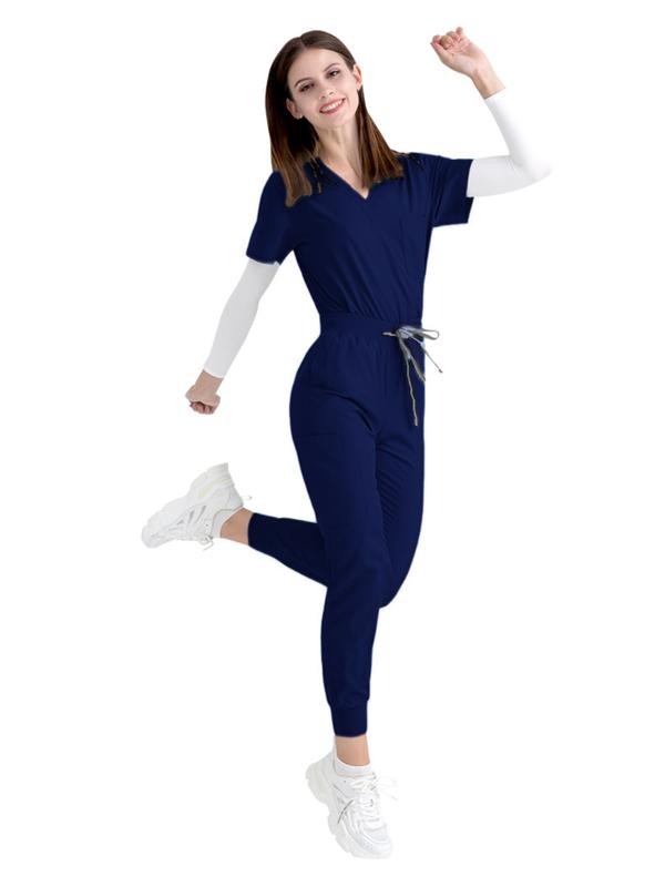 Women's Handwashing Suit Set, Uniforms, V Neck Quick-Dry Breathable Top, Slight Stretch Straight Leg Pants, Multi-Pocket Design, Hospital Clinic Home Wear
