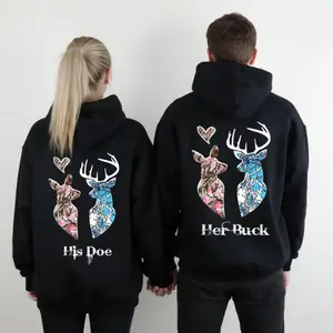 Her Buck & His Doe Matching Couple Hoodies – Matching Graphic Pullover Sweatshirts for Men & Women, Casual Fleece Hoodie, Perfect Couple Gift