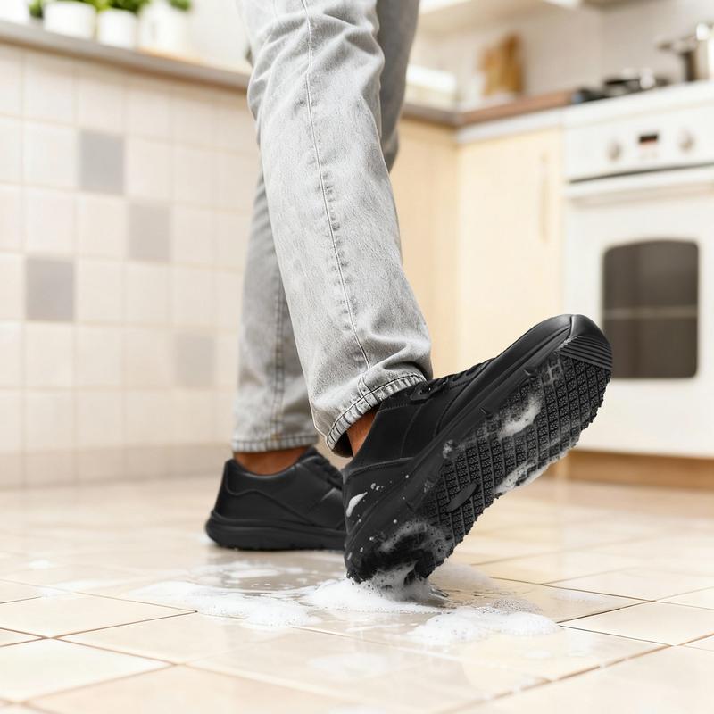 Non Slip Work Shoes for Men, Water Resistant & Oil Resistant Leather Slip on Kitchen Shoes, Comfortable Mens Slip Resistant Chef Shoes for Restaurant Food Service, Lightweight Walking Shoes, Black, Breathable Leather, zapatos para hombres