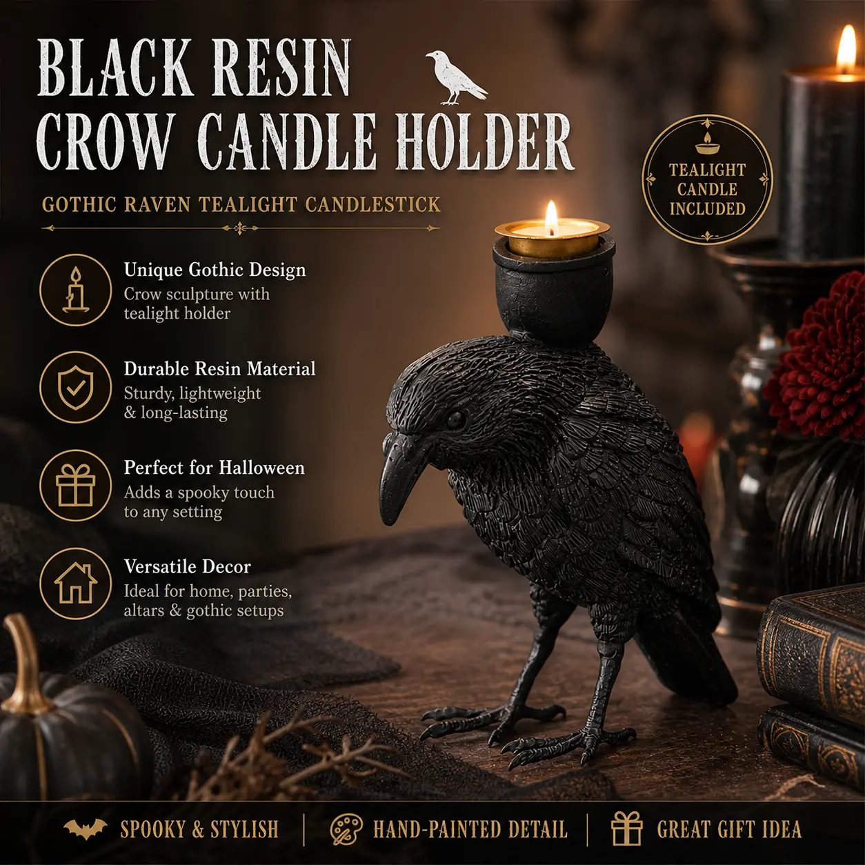 Black Resin Crow Candle Holder, Gothic Raven Tealight Candlestick, Spooky Crow Figurine Candle Stand For Halloween Home Decor, Dark Witch Party Table Ornament
