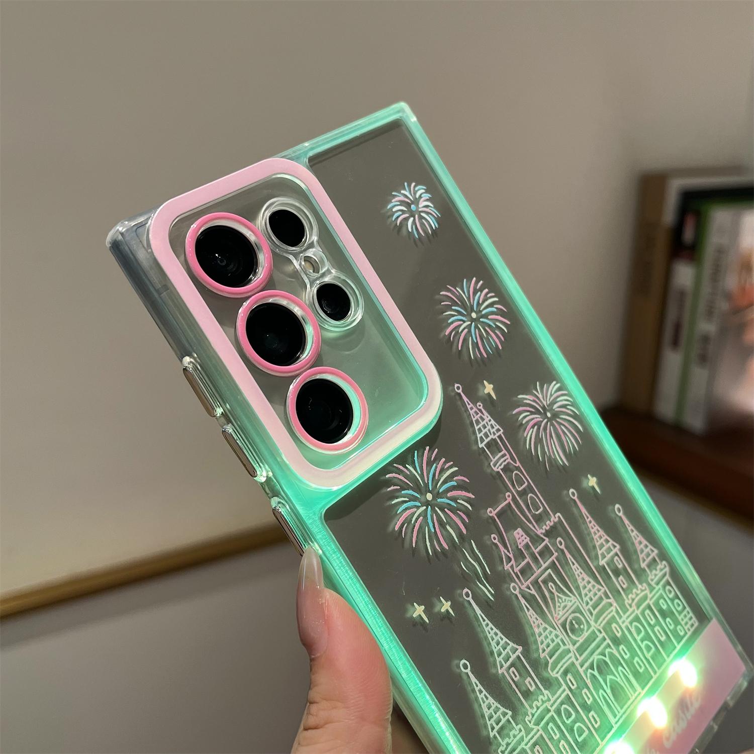 LED Fantasy Castle Fireworks Phone Case, Light up Phone Case For Samsung Galaxy S26/S25/S24 Ultra Plus,Cute Glowing Clear Phone Cover