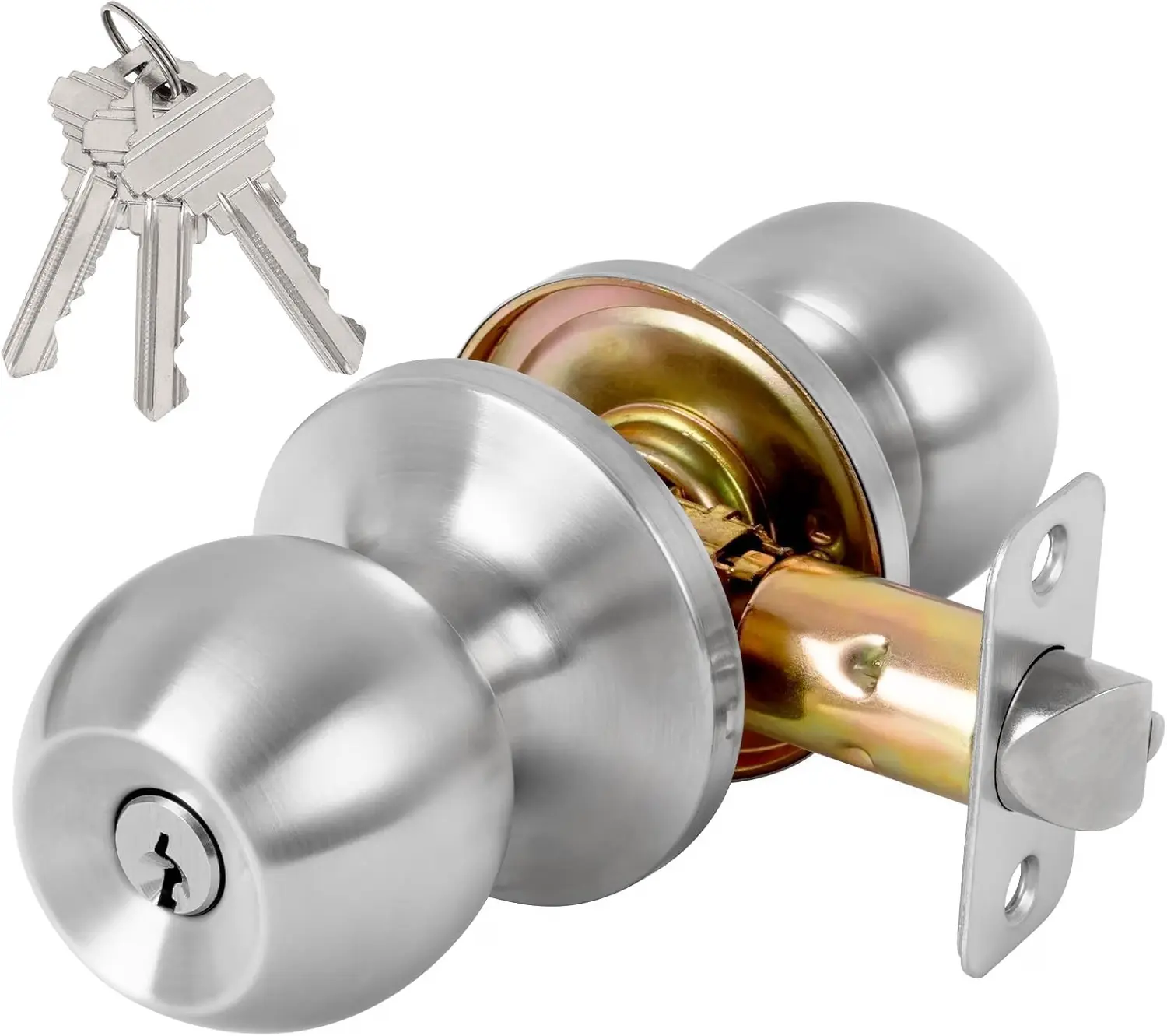 Satin Nickel Keyed Entry Round Handle Lock with Keys, Reversible for Left/Right Exterior & Interior Bedroom Doors