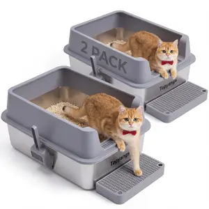 Topyangs 2-Pack XXL Stainless Steel Litter Box, Metal CatLitter Box, Non-Sticky Material, Easy-to-Clean High WallLitter Box for Multiple Cats, High Wall Construction