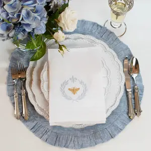 Blue Chambray Round Ruffle Linen Placemat in Tableware