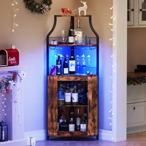 GARVEE Corner Wine Cabinet - 29" Space-Saving Bar Furniture for Small Spaces, Holds 50+ Bottles and Glassware, MDF Storage Cabinet with Bar Top for Liquor and Cocktail Accessories in Retro Brown