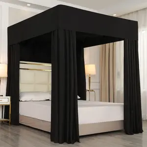 Black Four Corner Post Bed Curtains Sheer Cover Bedroom Decoration Lightproof (Full, Black)