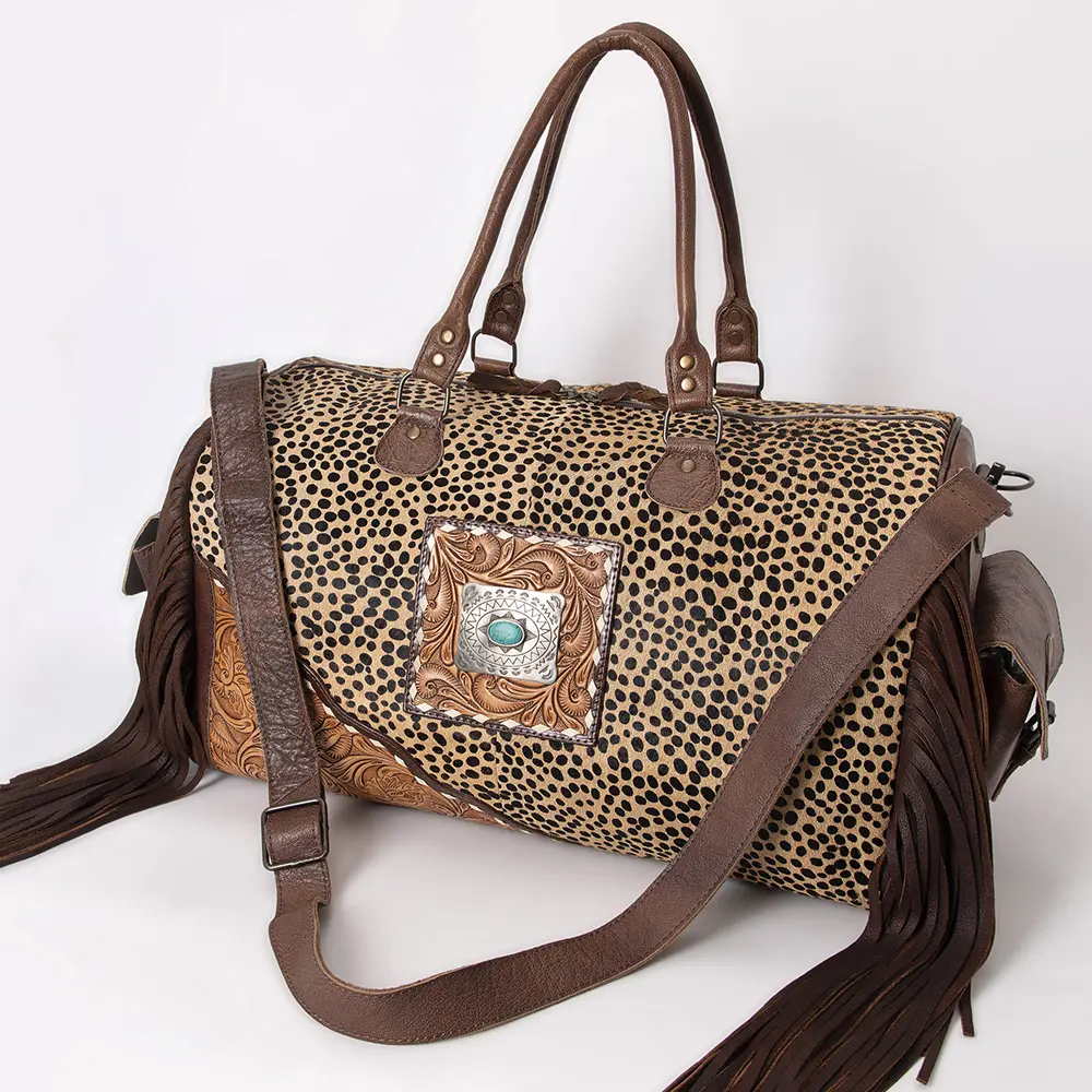 American Darling Duffel Hand Tooled Hair on Genuine Leather Western Women Bag | Handbag Duffle Weekend Travel Bags for