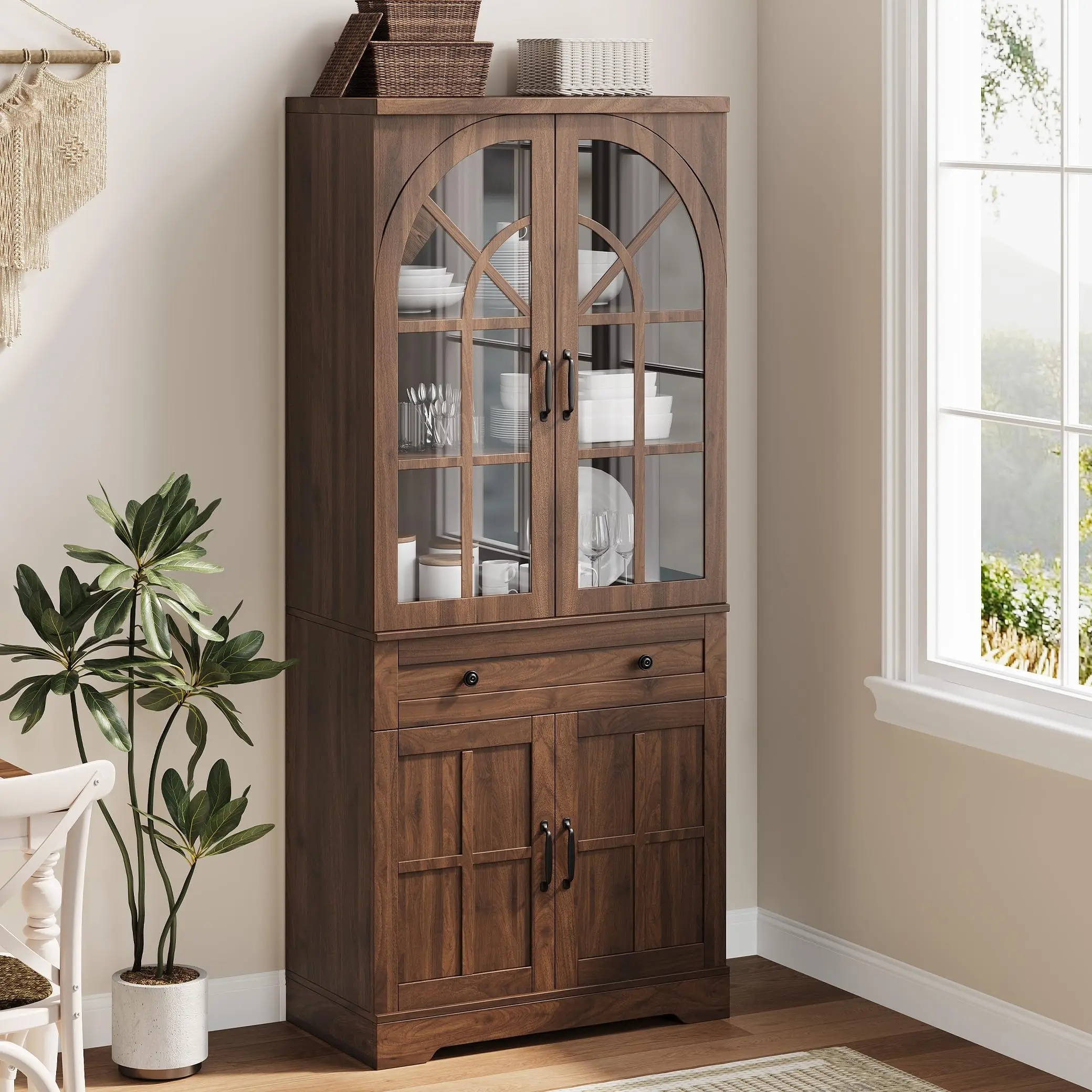 Garvee Sturdy Stained Wood Vintage Decorative Food Pantry Cabinet - 71.9" Tall Freestanding Cupboard, Kitchen Organizing Cupboard with Tempered Glass Doors, Anti-Tip Design, 123 lbs, Requires Assembly (for Kitchen)