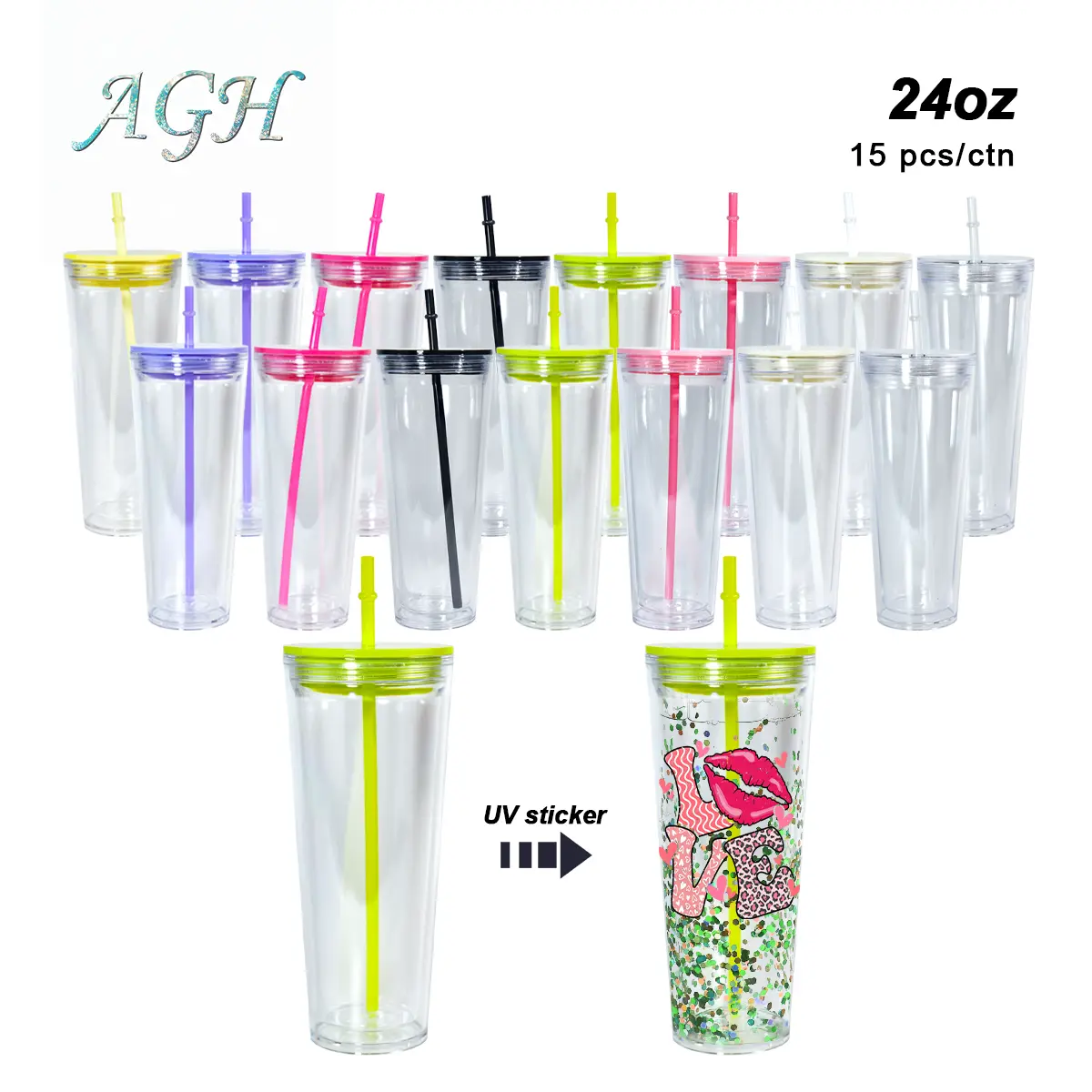 AGH 8/15pcs 24 oz Double Wall Acrylic Cups Snow Globe Plastic Tumbler with Lid & Straw for DIY UVDTF Gifts Travel Coffee Mug