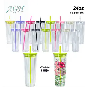 AGH 8/15pcs 24 oz Double Wall Acrylic Cups Snow Globe Plastic Tumbler with Lid & Straw for DIY UVDTF Gifts Travel Coffee Mug