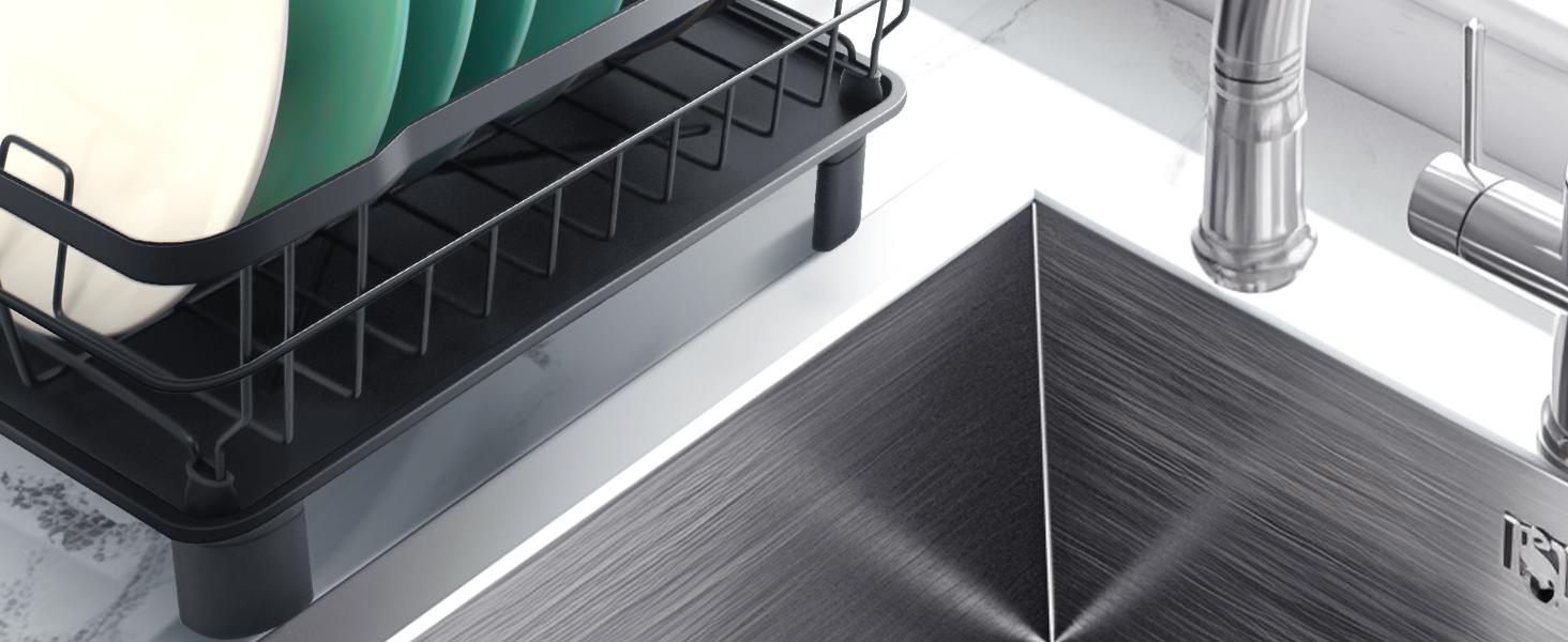 [New Deal] Dish Drying Rack for Kitchen Counter,Space-Saving Dish Rack with Drainboard,Rustproof Countertop Dish Drainer with Utensil Holder for Sink,Black