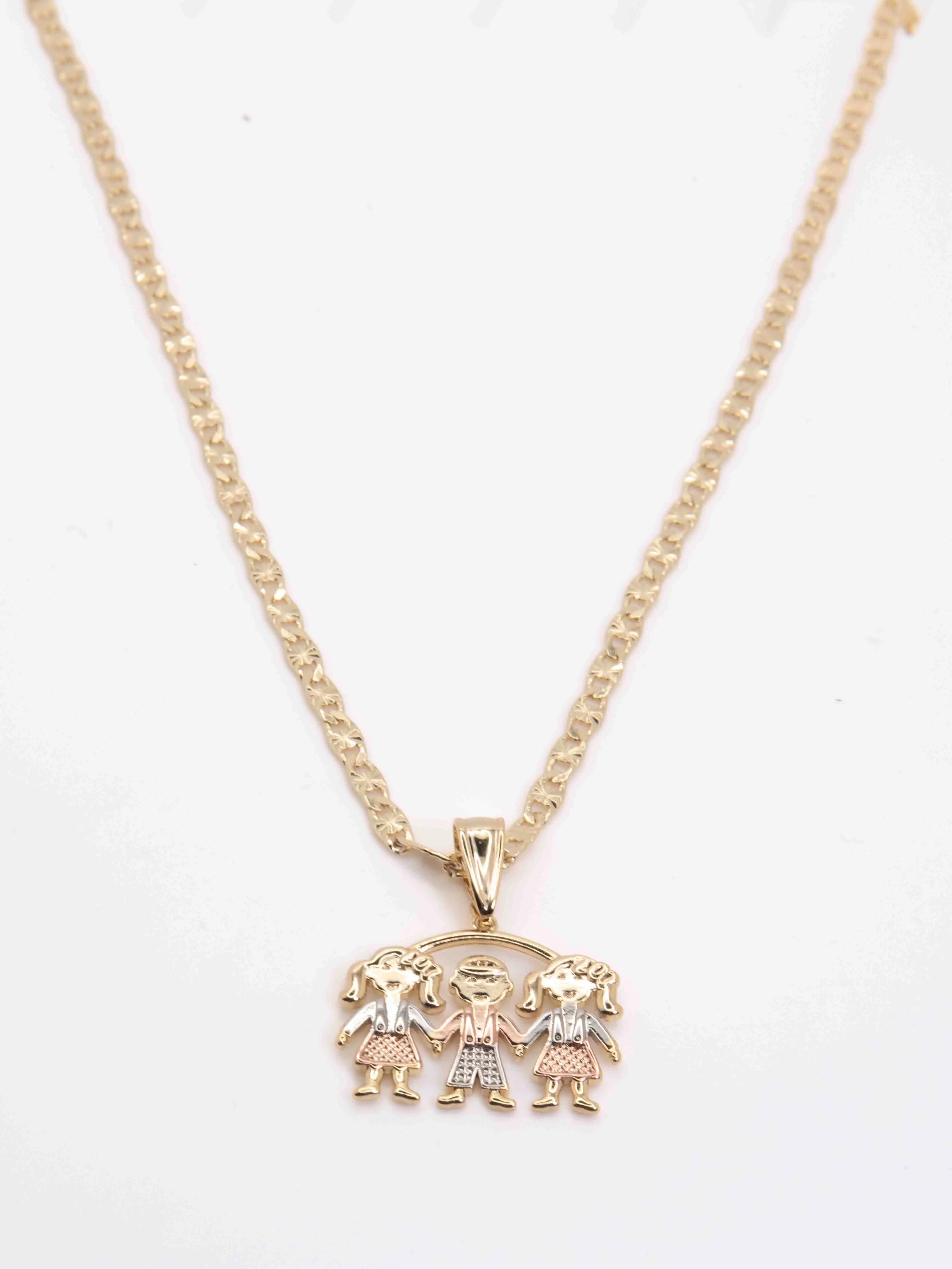 New design of 2 girls and a boy in three-color gold plated with a 24-inch gold plated or 18-inch gold plated chain. Necklace For Daughter Handmade Fashion Accessory