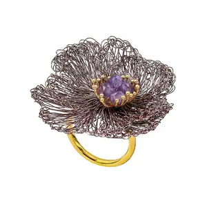 Woven Flower Ring – Purple Gem Artisan Statement Jewelry, Lightweight Elegant Design, Ideal Gift for Her Birthday Anniversary Statement Piece for Daily Wear