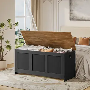 HOOBRO Storage Bench, 39.3" Retro Wooden Storage Chest, Wooden Storage Trunk, Toy Chest with Lift Top, Multifunctional Entryway Organizer, for Entryway, Living Room, Black and Walnut #SummerVibes