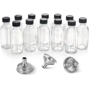 12 Pack, 2 oz Small Clear Glass Bottles with Lids & 3 Stainless Steel Funnels - 60ml Boston Sample Mini Travel Essential Bottles for Potion, Juice, Wellness, Ginger Shots, Whiskey, Liquids