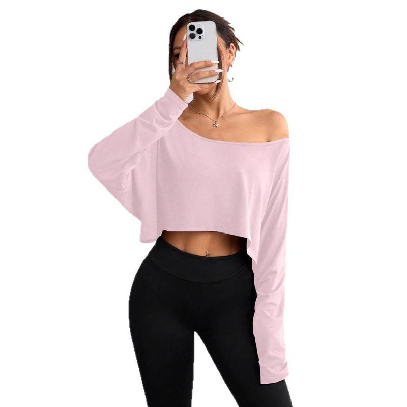 Loose Off The Shoulder Crop Tops for Women Long Sleeve Oversized Crop Tops Workout Spring Summer Casual T Shirt
