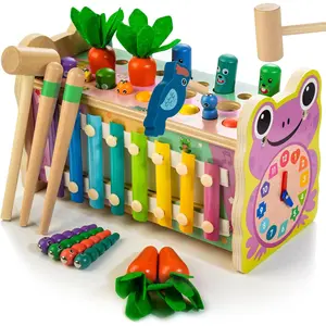 Wooden Montessori Shape Sorting Game, 6-in-1 Wooden Montessori Toys for 1 Year Old, Mole-Tapping Game |   Play The Xylophone |   Frog Clock |   Carrot Harvest Game |   Spinning Gear, Baby Toy Gift for Early Learning, Montessori Stacking Sensory Toy Set